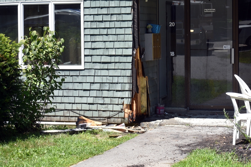 Damage from a fire at Waldoborough Village Apartments on Wednesday, July 29. A resident of the low-income housing complex snuffed out the flames with a fire extinguisher. (Alexander Violo photo)