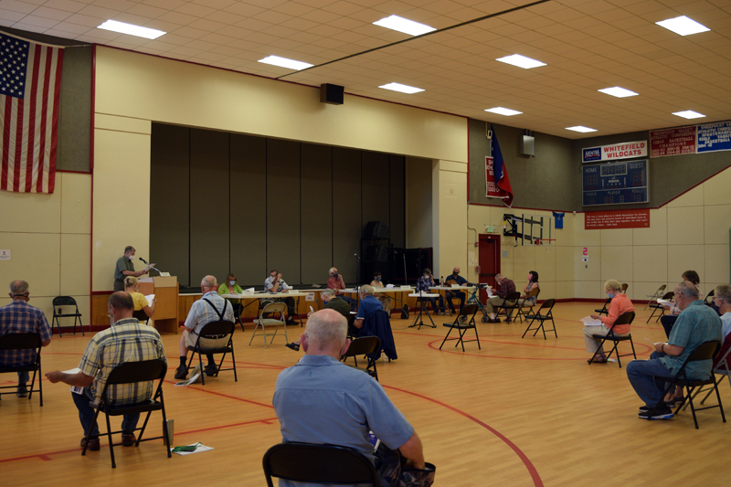 Whitefield holds a physically distant annual town meeting in the elementary school gym Saturday, July 18, (Hailey Bryant photo)