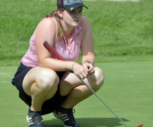 Bailey Plourde lines up her putt on 18 on day two of the Maine Women's Amateur golf championship. (Paula Roberts photo)