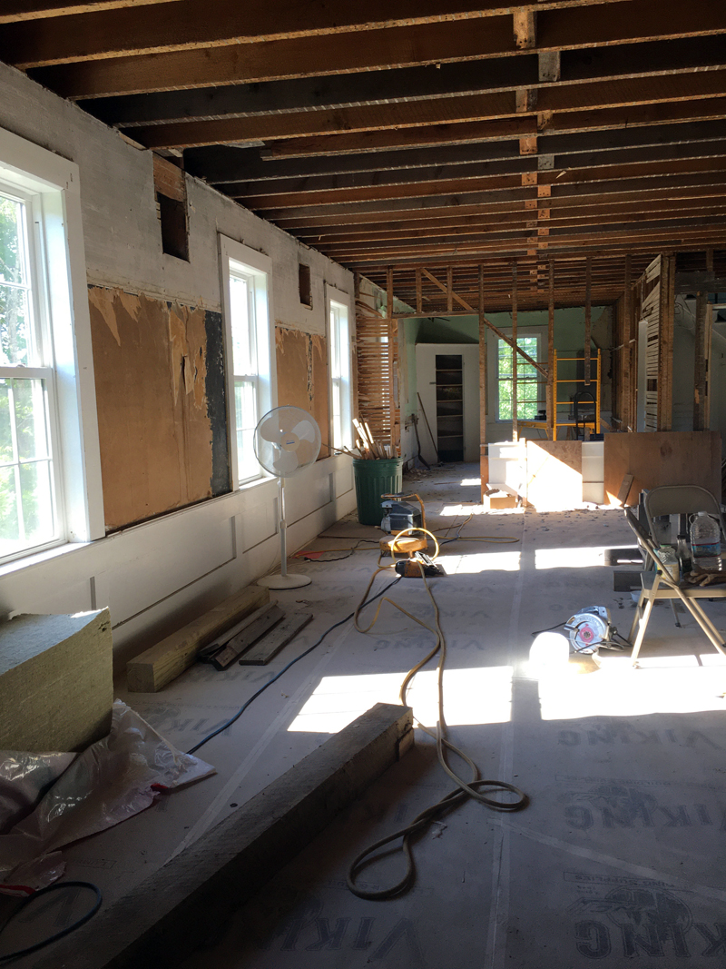 The interior of the building is stripped to its core for renovations.