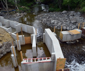 The entrance to the new pool-and-weir fish ladder below the Bristol Mills Dam on Monday, Aug. 10. Mark Becker, of Nobleboro's Becker Construction Inc., said the ladder will be complete by the beginning of winter. (Evan Houk photo)