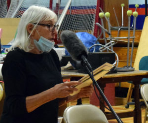 Valerie Seaberg, of 161 Elm St. in Damariscotta, speaks at a public hearing about the town's historic preservation ordinance on Wednesday, Aug. 19. (Evan Houk photo)