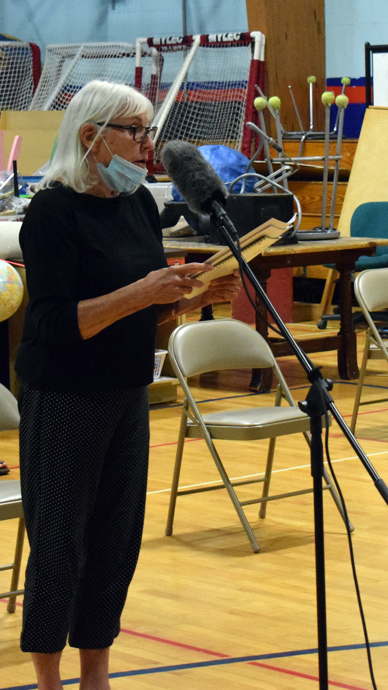 Valerie Seaberg, of 161 Elm St. in Damariscotta, speaks at a public hearing about the town's historic preservation ordinance on Wednesday, Aug. 19. (Evan Houk photo)