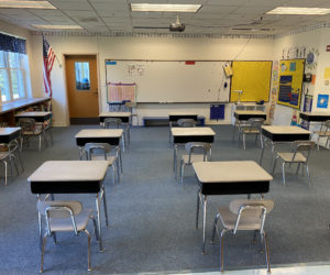 Physical distancing between desks in a classroom at Edgecomb Eddy School. The school will begin the year with in-person instruction four days a week and remote instruction on Wednesday. (Photo courtesy Ira Michaud)