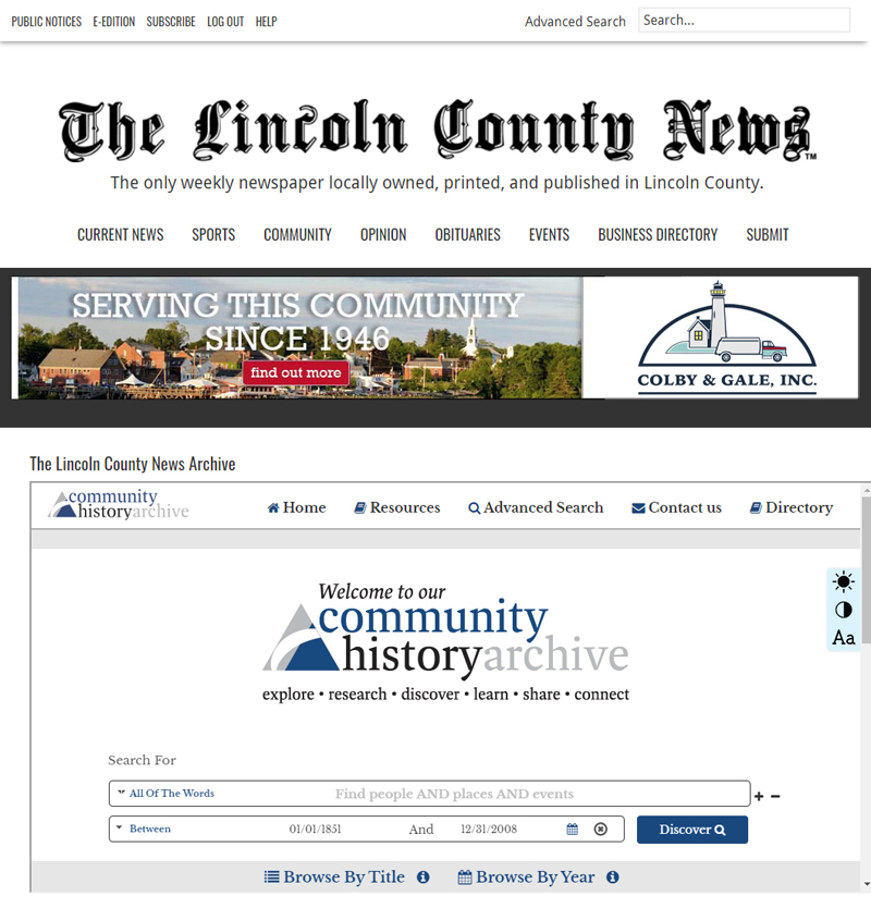 A screenshot of The Lincoln County News digital archive. The archive is available to LCN subscribers at lcnme.com/archive.