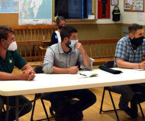 From left: Nathaniel Curtis, of Midcoast Solar; and Chris Byers and Dale Knapp, both of Boyle Associates, meet with the Bristol Planning Board on Thursday, Aug. 20 about Midcoast Solar's plans to install a community solar farm. (Evan Houk photo)