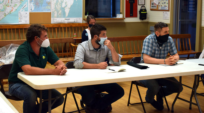 From left: Nathaniel Curtis, of Midcoast Solar; and Chris Byers and Dale Knapp, both of Boyle Associates, meet with the Bristol Planning Board on Thursday, Aug. 20 about Midcoast Solar's plans to install a community solar farm. (Evan Houk photo)