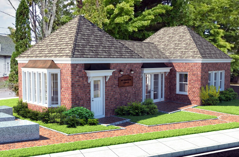 A rendering of the Damariscotta Region Information Bureau building after a planned expansion and renovation. The Damariscotta Region Chamber of Commerce hopes to acquire the building and transform it into its permanent headquarters. (Image courtesy John Roberts)