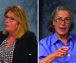 Maine Senate District 23 candidates Holly Kopp (left) and Sen. Eloise Vitelli participate in a candidates forum. The forum will air on Lincoln County Television at 8 p.m., Monday, Sept. 28. (Alexander Violo photos)