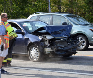 The driver of a blue Hyundai sedan faces a felony charge of operating after suspension after causing a three-car crash on Route 1 in Waldoboro, Thursday, Sept. 10. (Alexander Violo photo)