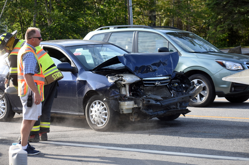 The driver of a blue Hyundai sedan faces a felony charge of operating after suspension after causing a three-car crash on Route 1 in Waldoboro, Thursday, Sept. 10. (Alexander Violo photo)