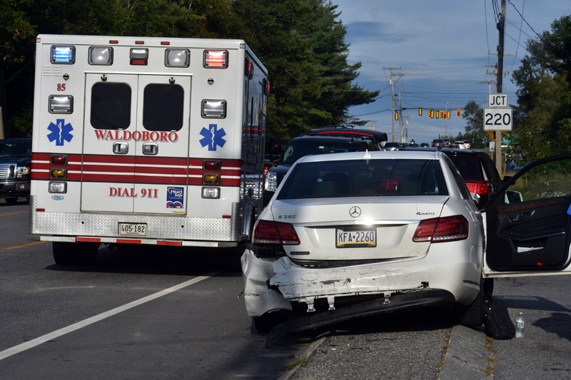 Damage to a Mercedes-Benz E 350 sedan, the middle vehicle in a three-vehicle collision on Route 1 in Waldoboro, Thursday, Sept. 10. (Alexander Violo photo)