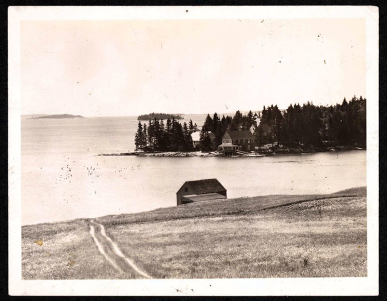 A view of Hog Island Audubon Camp, from the mainland in Bremen, circa 1930s.
