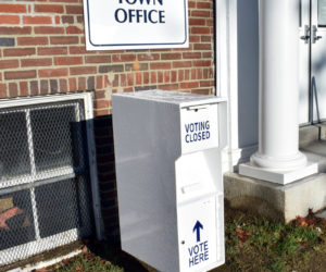 A new secure ballot box is in place at the Damariscotta town office. Voters can drop off their ballots anytime before the polls close on Election Day. (Evan Houk photo)