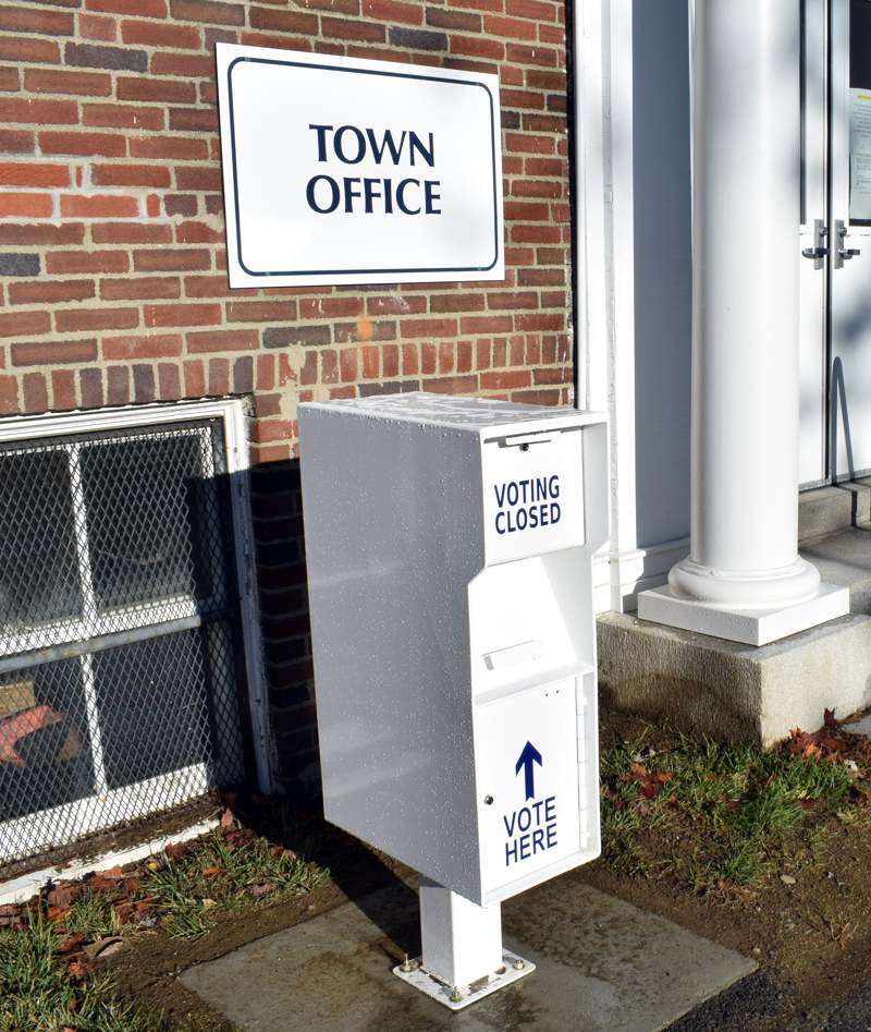 A new secure ballot box is in place at the Damariscotta town office. Voters can drop off their ballots anytime before the polls close on Election Day. (Evan Houk photo)