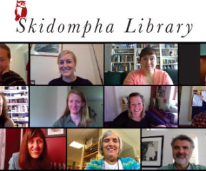 The Skidompha Library staff meets via Zoom to discuss ongoing virtual services, in-person browsing safety, and curbside pickup options.