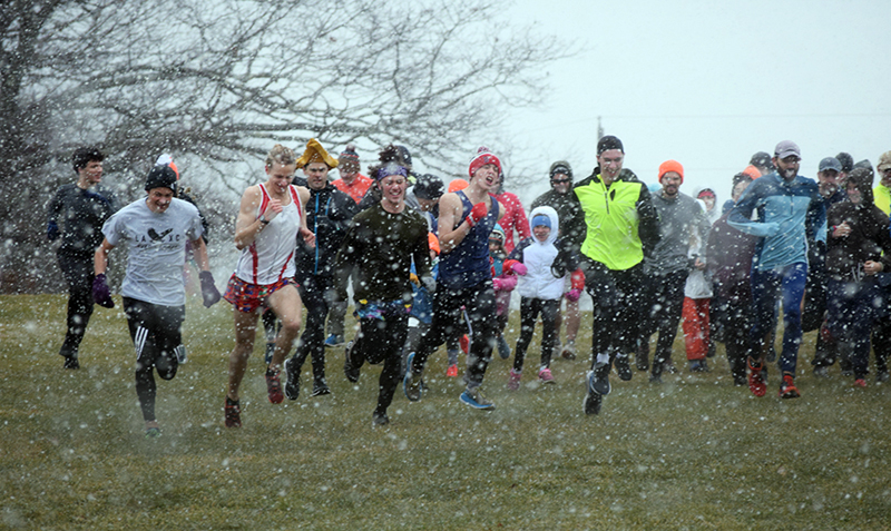 Runners plow full steam ahead at the snowy start of the 2019 race.