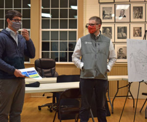 From left: Allen Tate, of EDF Renewables Distributed Solutions Inc., and Eben Baker, of Stantec, present a plan for an approximately 5-megawatt solar array on Christian Hill Road in Bristol during a public hearing at the town hall, Thursday, Nov. 5. (Evan Houk photo)