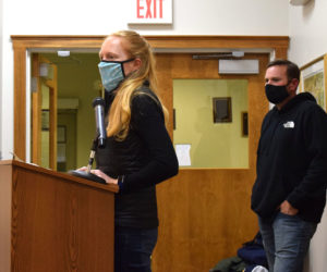 Allison Barbour and Dan Robinson, of ReVision Energy, address the Damariscotta Planning Board on Monday, Nov. 9. The contractor plans to install a 243.2-kilowatt solar array at Round Top Farm. (Evan Houk photo)