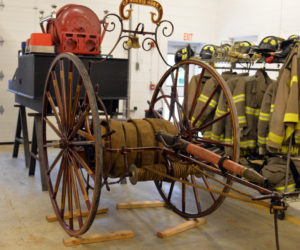 The newly restored C.F. Norris hose reel arrived at Massasoit Engine Co. in Damariscotta three days before Christmas. (Paula Roberts photo)