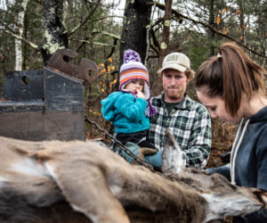 Alicia West tags a deer brought in by Nate Hilton, of Nobleboro, and daughter Fiona, 2, in Edgecomb on Friday, Nov. 27. Hilton requested that the deer be cut into "steaks, a nice roast, and the rest 50-50 burger and sausage." (Bisi Cameron Yee photo)