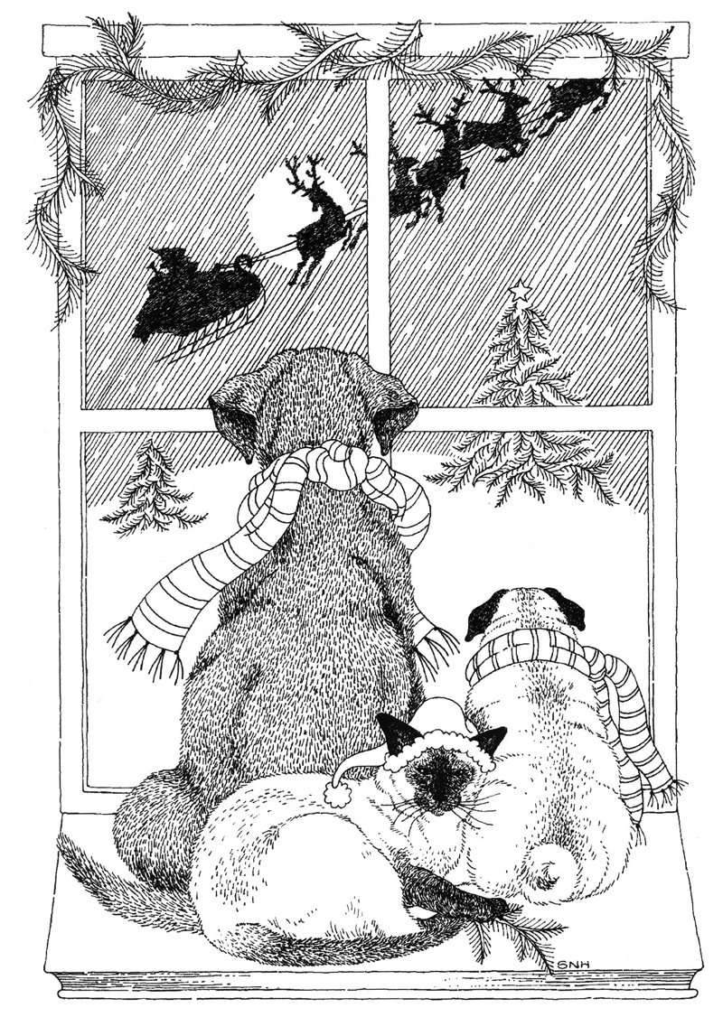 A trio of pets watches Santa Claus make his rounds in a pen-and-ink illustration from Sally Hough's self-published book "Beasts." (Image courtesy Sally Hough)