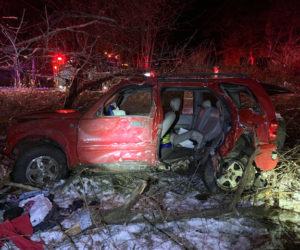 A 2004 Jeep Liberty after a crash on Lower Cross Road in Nobleboro late Tuesday, Dec. 8. (Photo courtesy Lincoln County Sheriff's Office)