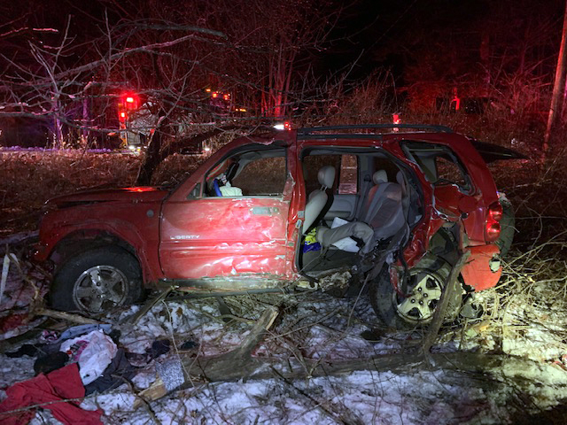 A 2004 Jeep Liberty after a crash on Lower Cross Road in Nobleboro late Tuesday, Dec. 8. (Photo courtesy Lincoln County Sheriff's Office)