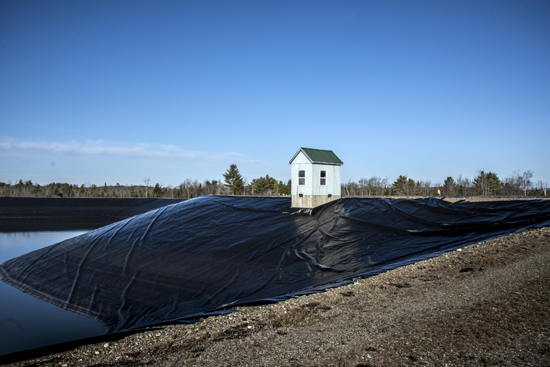 A discharge shed overlooks the holding lagoon at the Waldoboro Utility District on Dec. 3. The sheds keep the water flowing through concrete pipes between the lagoons from freezing. (Bisi Cameron Yee photo)