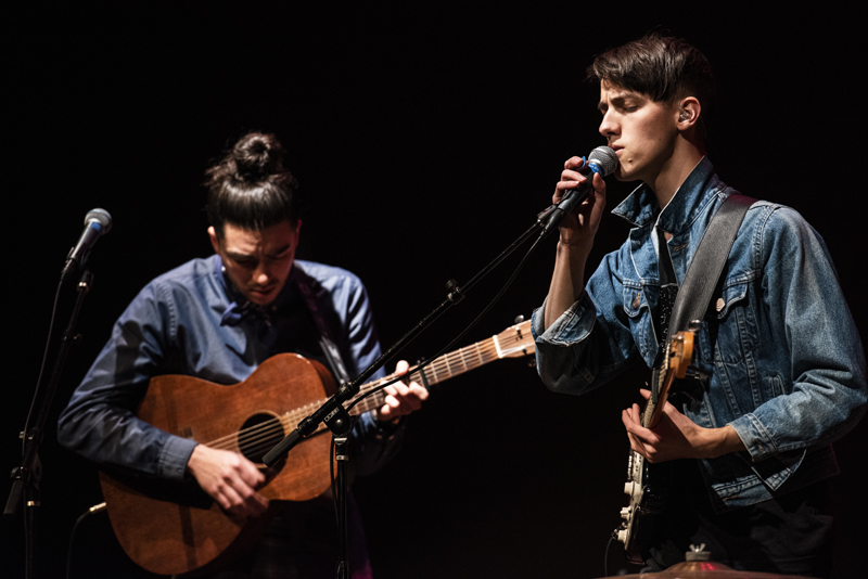 Brothers Jamie (right) and Sean Oshima perform during a livestream concert from the Waldo Theatre in Waldoboro on Thursday, Dec. 3. A portion of the proceeds from the concert will help fund the Waldo's restoration. (Bisi Cameron Yee photo)