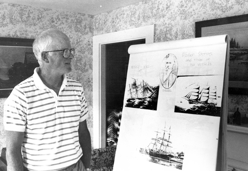 Mark Biscoe gives a presentation on one of his favorite subjects, shipbuilding, in an undated photo from The Lincoln County News archives. Biscoe wrote his "Waldoboro Wanderings" column for nearly 22 years.