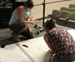 Waldo Theatre volunteers Cat and Brynna Skov cut acoustic panels. The Maine Community Foundation Southern Midcoast Committee awarded grants to 16 nonprofits this year, including the Waldo Theatre. (Photo courtesy Waldo Theatre)