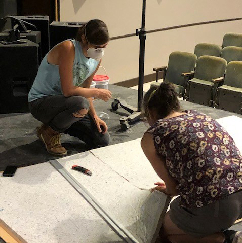 Waldo Theatre volunteers Cat and Brynna Skov cut acoustic panels. The Maine Community Foundation Southern Midcoast Committee awarded grants to 16 nonprofits this year, including the Waldo Theatre. (Photo courtesy Waldo Theatre)