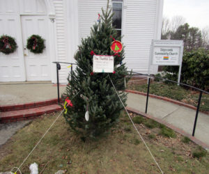 The Edgecomb Community Church Thankful Tree is ready for community members to add messages, ornaments, and photographs to express thankfulness.