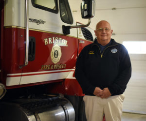 Bristol Fire Chief Paul Leeman Jr. stands next to a fire truck in the Round Pond station Oct. 24, 2018. Leeman will retire at the end of April. (LCN file photo)