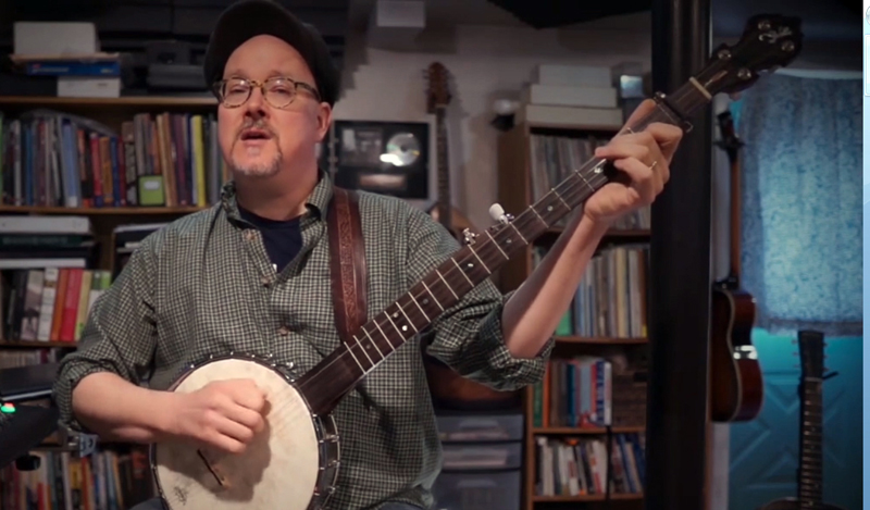 Maine native and nationally recognized recording artist Jud Caswell performs his tune "That's the Way We Climb" from his home studio in Brunswick during Damariscotta Open Mic's Peaceful New Beginnings show. (Screenshot by Evan Houk)