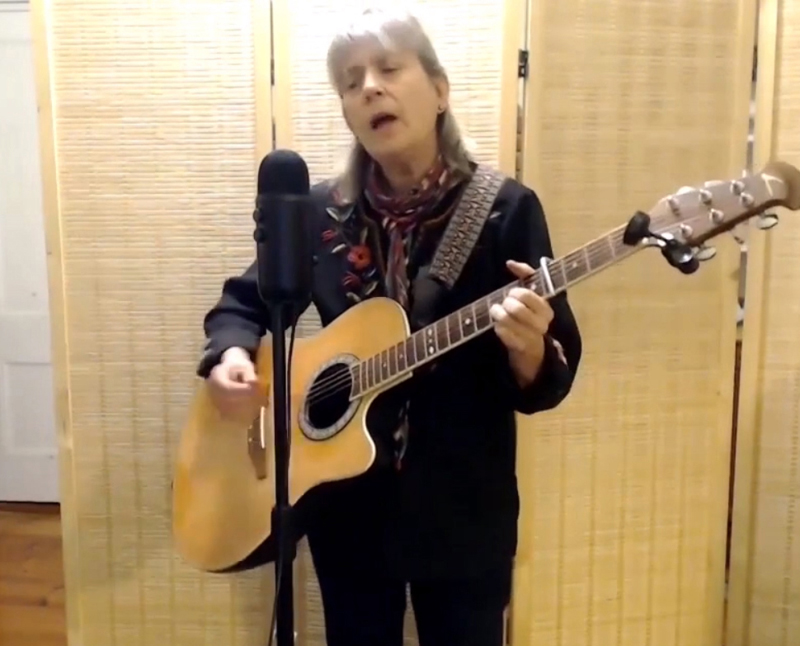 Sylvia Tavares closes out Damariscotta Open Mic's Peaceful New Beginnings show with a down-home country version of folk singer-songwriter Kate Wolf's "Give Yourself to Love." (Screenshot by Evan Houk)