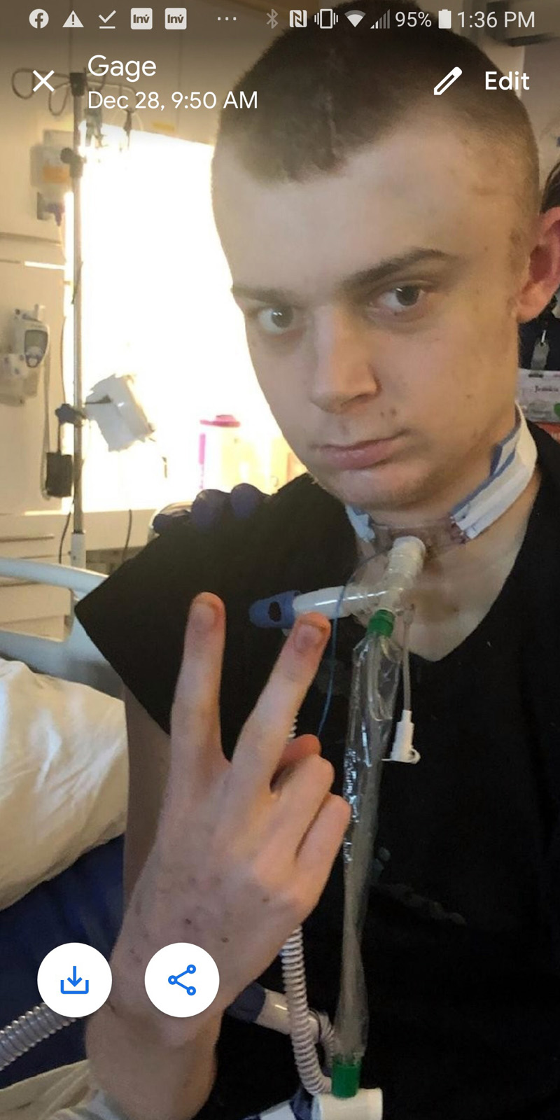 Gage York flashes a peace sign from his hospital room at Maine Medical Center in Portland on Dec. 28. York was in critical condition for almost two weeks after a Dec. 8 crash. (Photo courtesy Mary York)