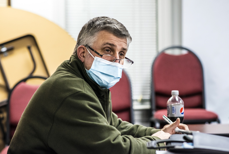 Nobleboro Selectman Jon Chadwick listens to a resident's concerns during a meeting Wednesday, Jan. 13. (Bisi Cameron Yee photo)