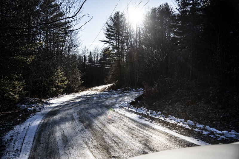 The intersection of Controversy Lane and Sunset Ridge in Waldoboro on Saturday, Jan. 23. The intersection is likely the point where the Syncarpha solar farm would route energy to Central Maine Power poles. (Bisi Cameron Yee photo)