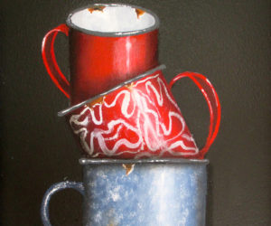 "Enamelware Mugs" by Peggy Farrell.