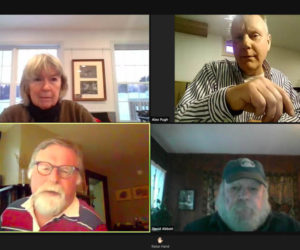 Clockwise from upper left: Alna Board of Appeals members Mary Bowers, Alex Pugh, David Abbott, and David Buczkowski discuss three appeals regarding a boat ramp on the Sheepscot River during a Zoom meeting Thursday, Feb. 11. (Screenshot)