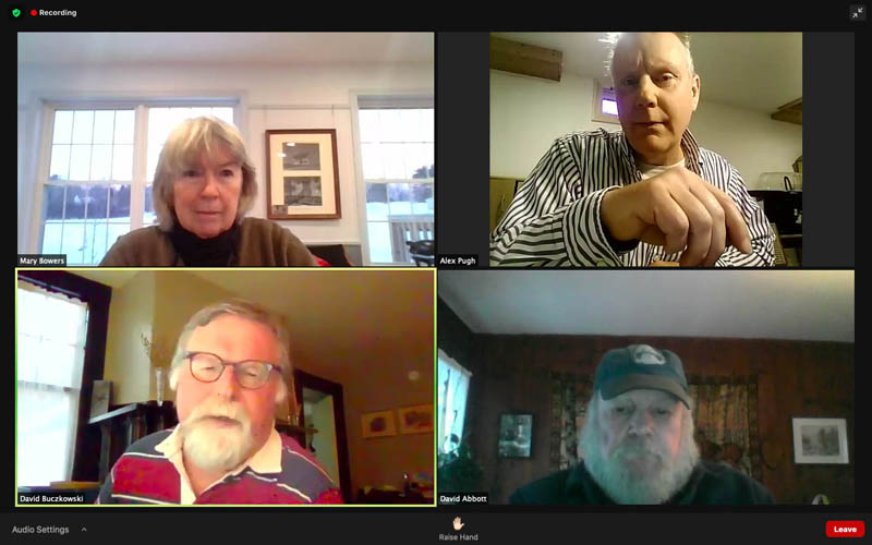 Clockwise from upper left: Alna Board of Appeals members Mary Bowers, Alex Pugh, David Abbott, and David Buczkowski discuss three appeals regarding a boat ramp on the Sheepscot River during a Zoom meeting Thursday, Feb. 11. (Screenshot)