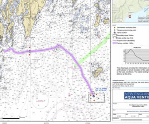 A map from the New England Aqua Ventus website shows the route of a seabed survey that will take place from March 8 through April 4, studying the potential route of an undersea cable from the New England Aqua Ventus I wind turbine to the mainland. (Screenshot)