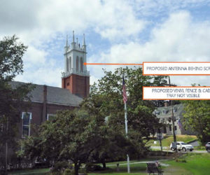 A photo simulation shows the minimal visual effect of the installation of a cellular antenna with screening in the bell tower of The Second Congregational Church in Newcastle. (Image courtesy Bell Atlantic Mobile Systems LLC)