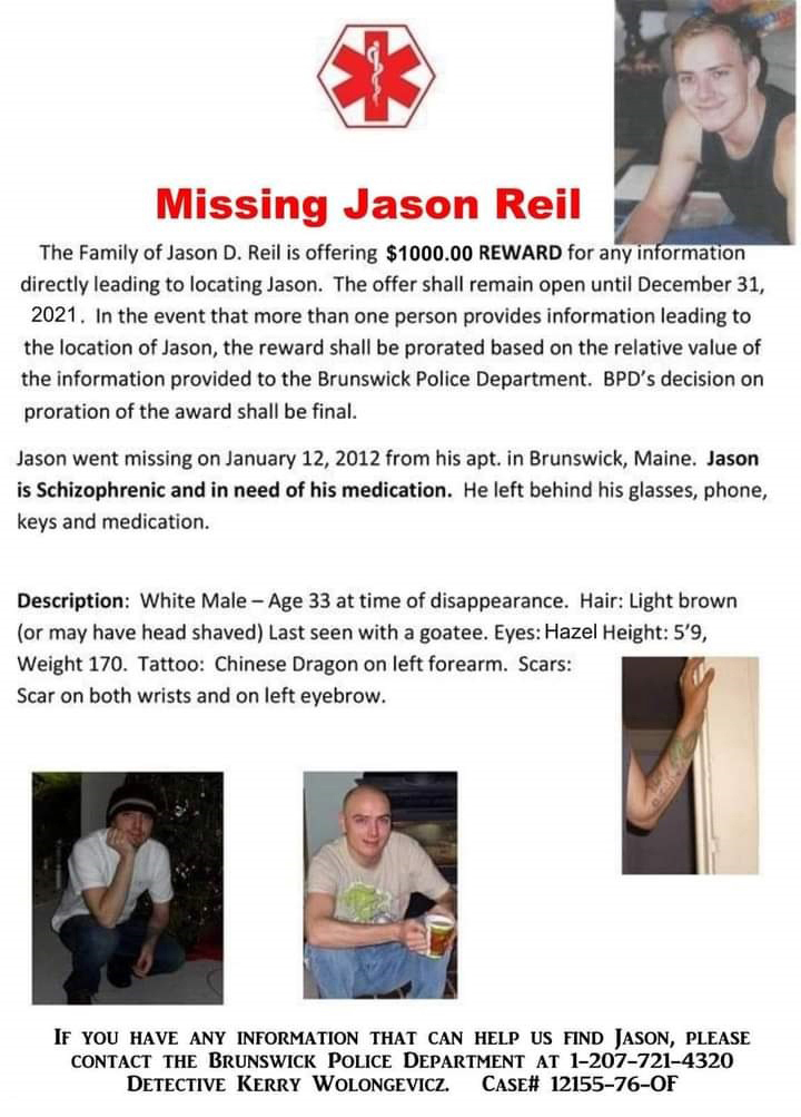 A flyer details a $1,000 reward for information leading to the location of Jason D. Reil. Missing more than nine years from his home in Brunswick, Reil has family in Edgecomb.