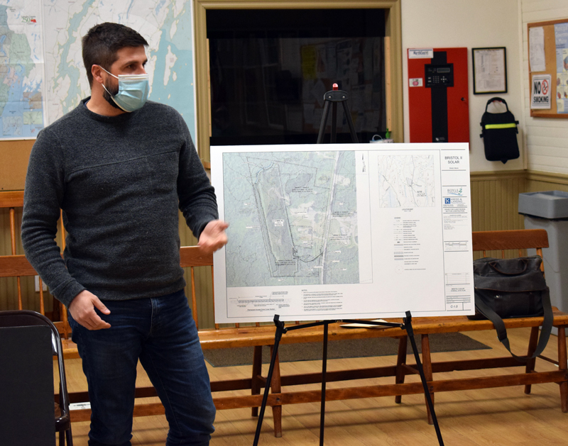 Chris Byers, of Boyle Associates, presents a plan for a 12-acre solar array across Bristol Road from the Bristol-South Bristol Transfer Station to the Bristol Planning Board on Thursday, March 4. (Evan Houk photo)