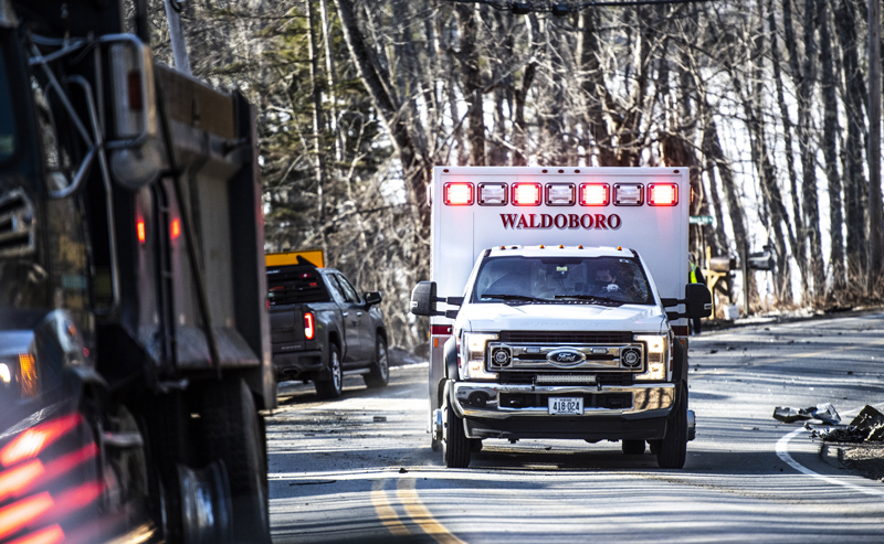 A Waldoboro ambulance leaves the scene of a motor-vehicle crash in Jefferson on Monday, March 8. (Bisi Cameron Yee photo)