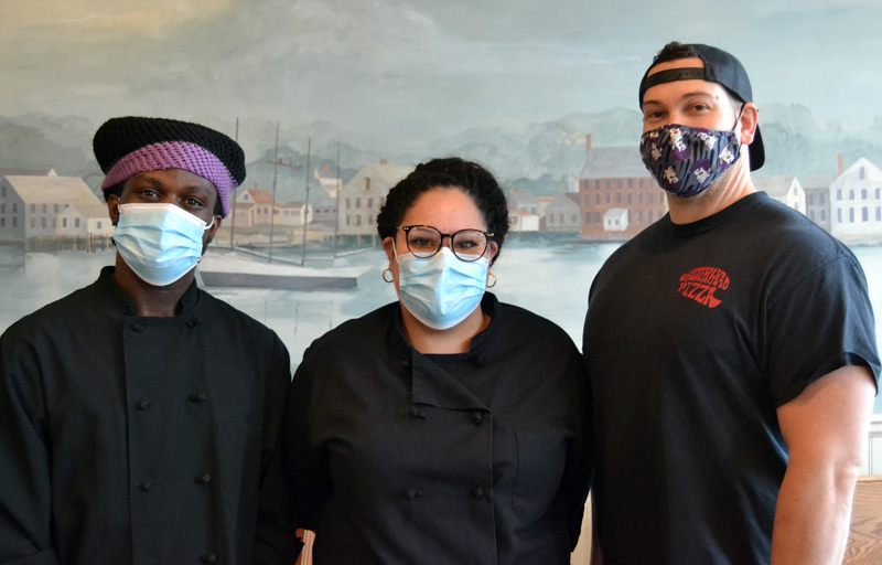 The new kitchen leadership at Newcastle Publick House. From left: Joshua Urey and Trish Almodovar, head chefs and kitchen managers; and Nick Krunkkala, executive chef and general manager for Newcastle Publick House and Oysterhead Pizza Co. (Maia Zewert photo)