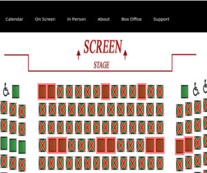 Lincoln Theater's online ticketing seating chart shows what seats are available for patrons. Green seats are still available, red seats are sold, and green seats with red X's are blocked off to ensure social distancing. (Screenshot)